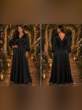 Black Long Sleeve V-Neck Satin Evening Gown